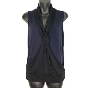 Diane von Furstenberg Sleeveless Navy Black Twist Front Drape Collar‎ Top Sz 4